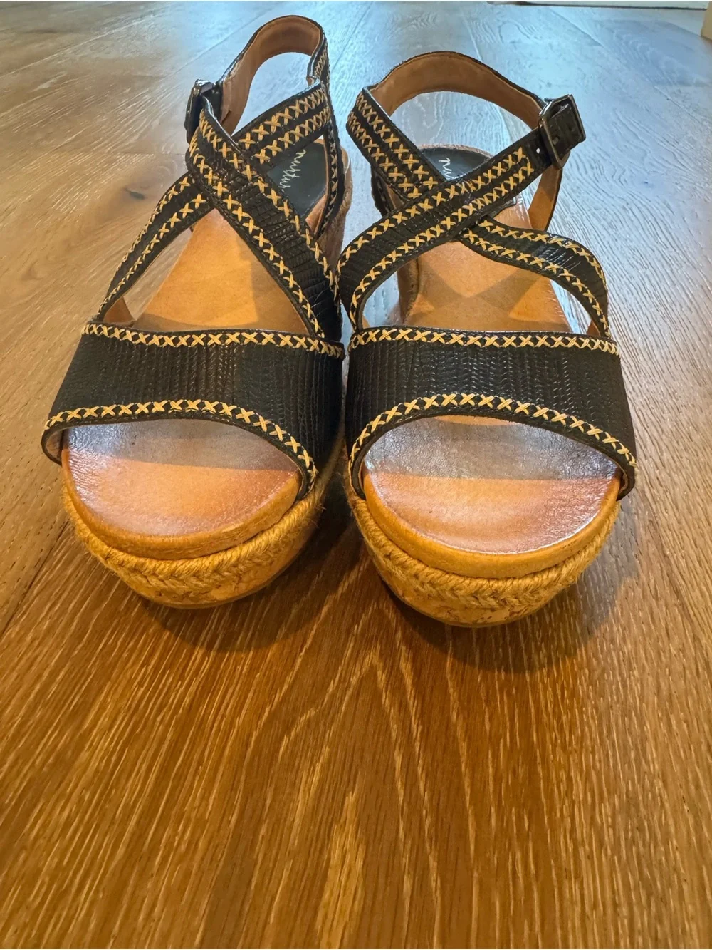 Nurture Lilithe Black Leather Cross-Stitch Wedge Sandals - Size 9
